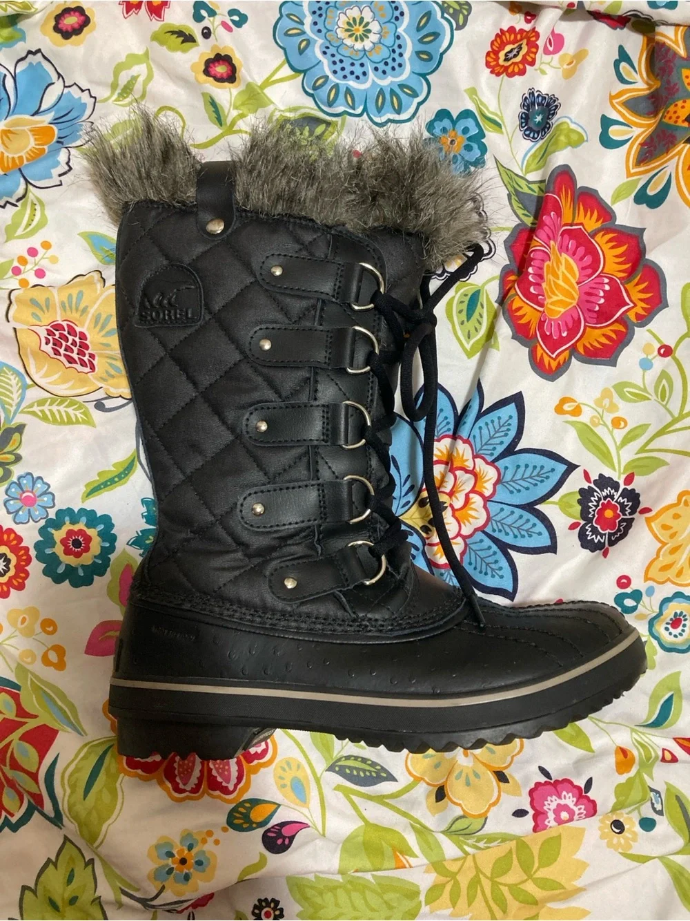Sorel Women's Tofino II Fur Trim Waterproof Lace Up Black in Size 7.5